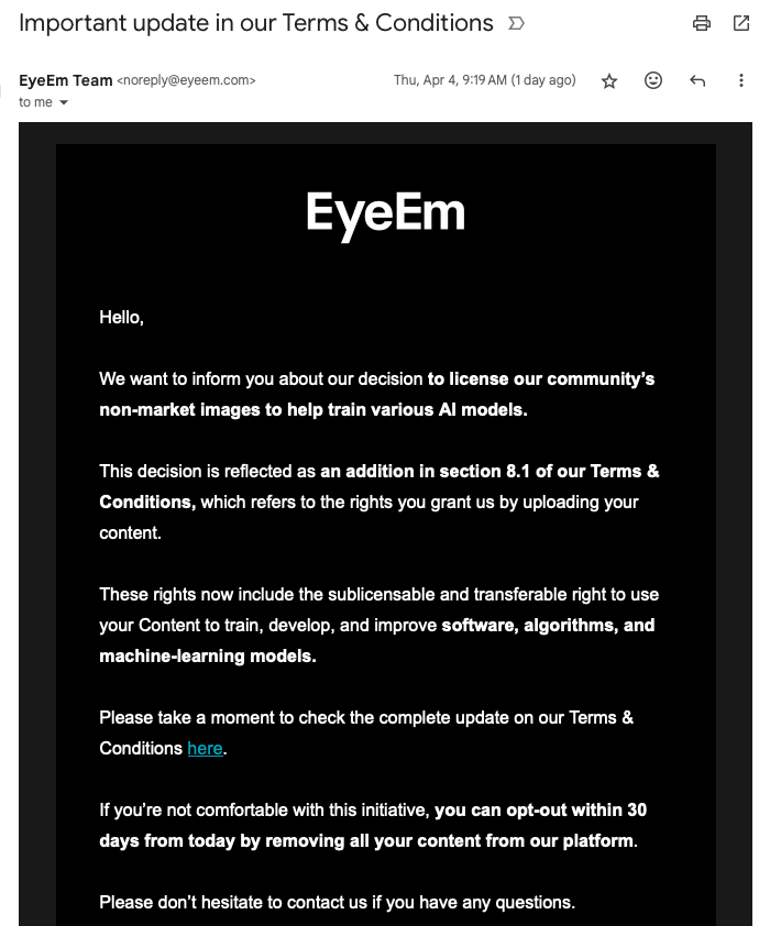 EyeEm Email For AI Training