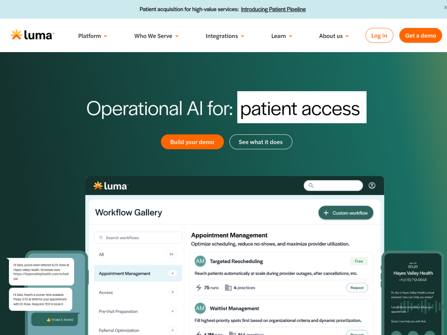 Luma Health homepage hero section