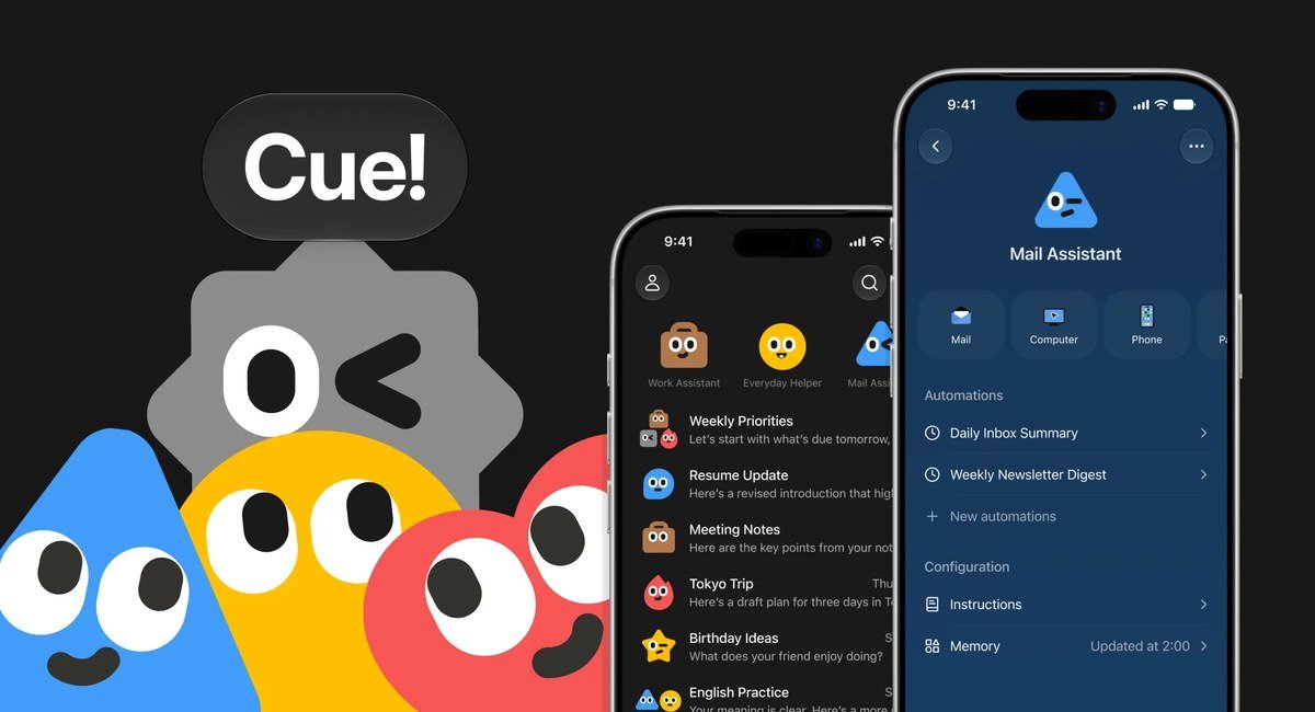 Cue app by Manus showing personal AI agents with their own mail, computer and phone on phone screens