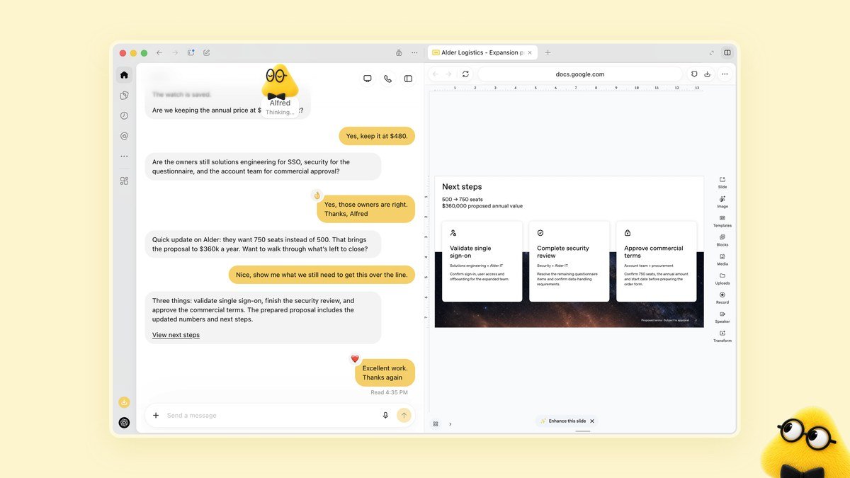 OpenAI Dots agent Alfred preparing an enterprise proposal in a shared document