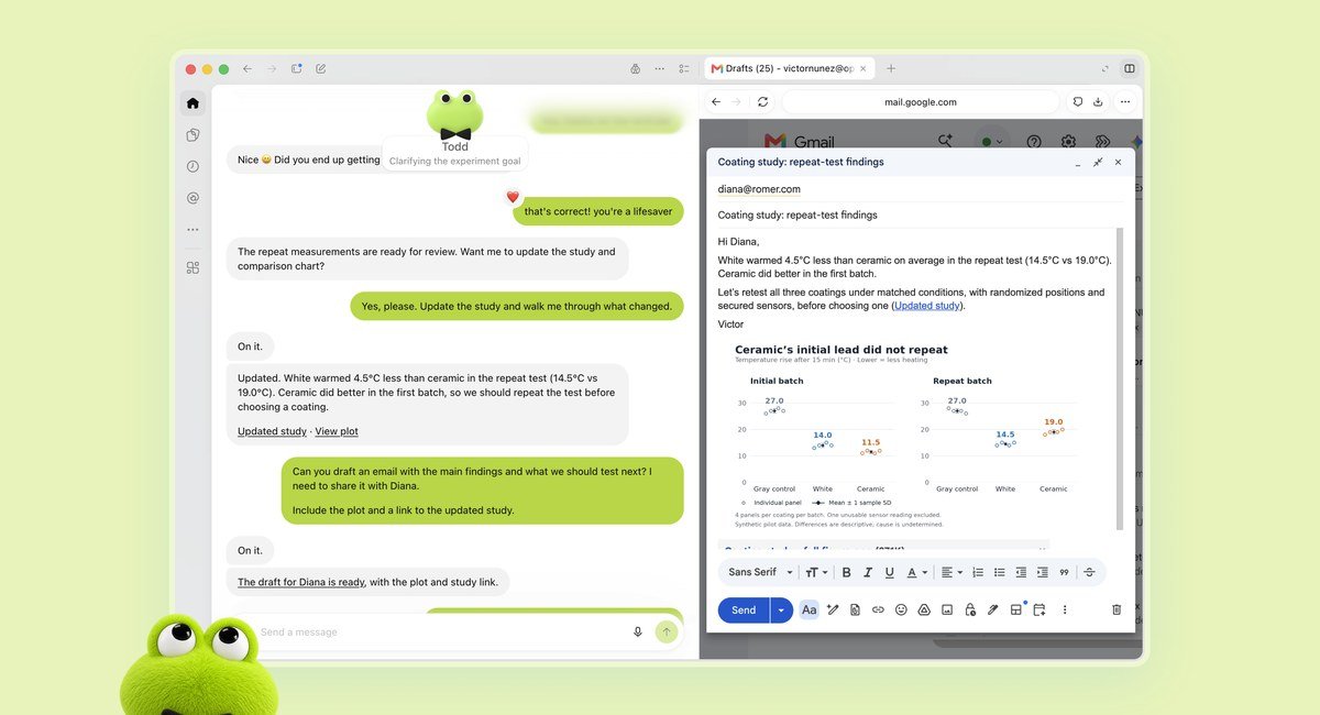 OpenAI Dots agent Todd updating a coating study and drafting an email with findings in the ChatGPT interface