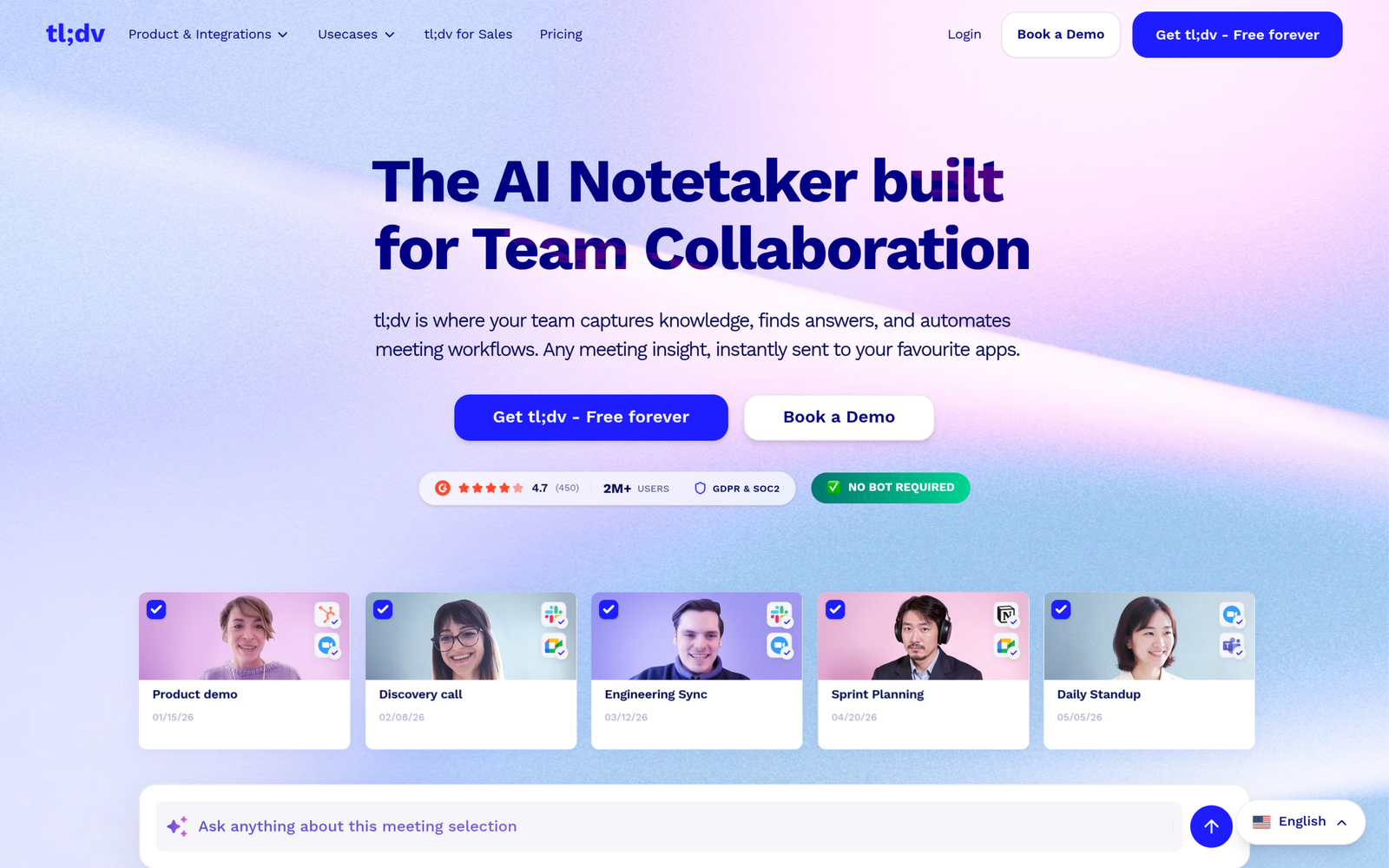 tl;dv homepage hero section