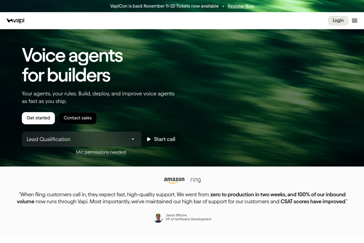 Vapi homepage hero section