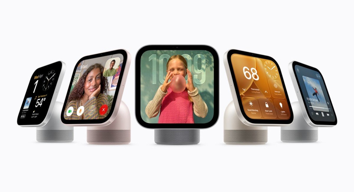 Apple HomeView smart home display lineup showing clock, FaceTime, photo, thermostat and music screens