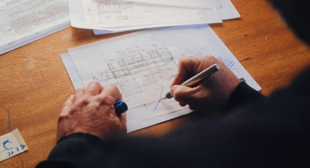 Designer sketching a floor plan by hand, representing the ASDAV AI for Interior Designers masterclass