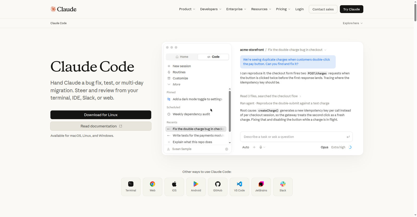 Screenshot of the Claude Code product page showing the agentic coding interface