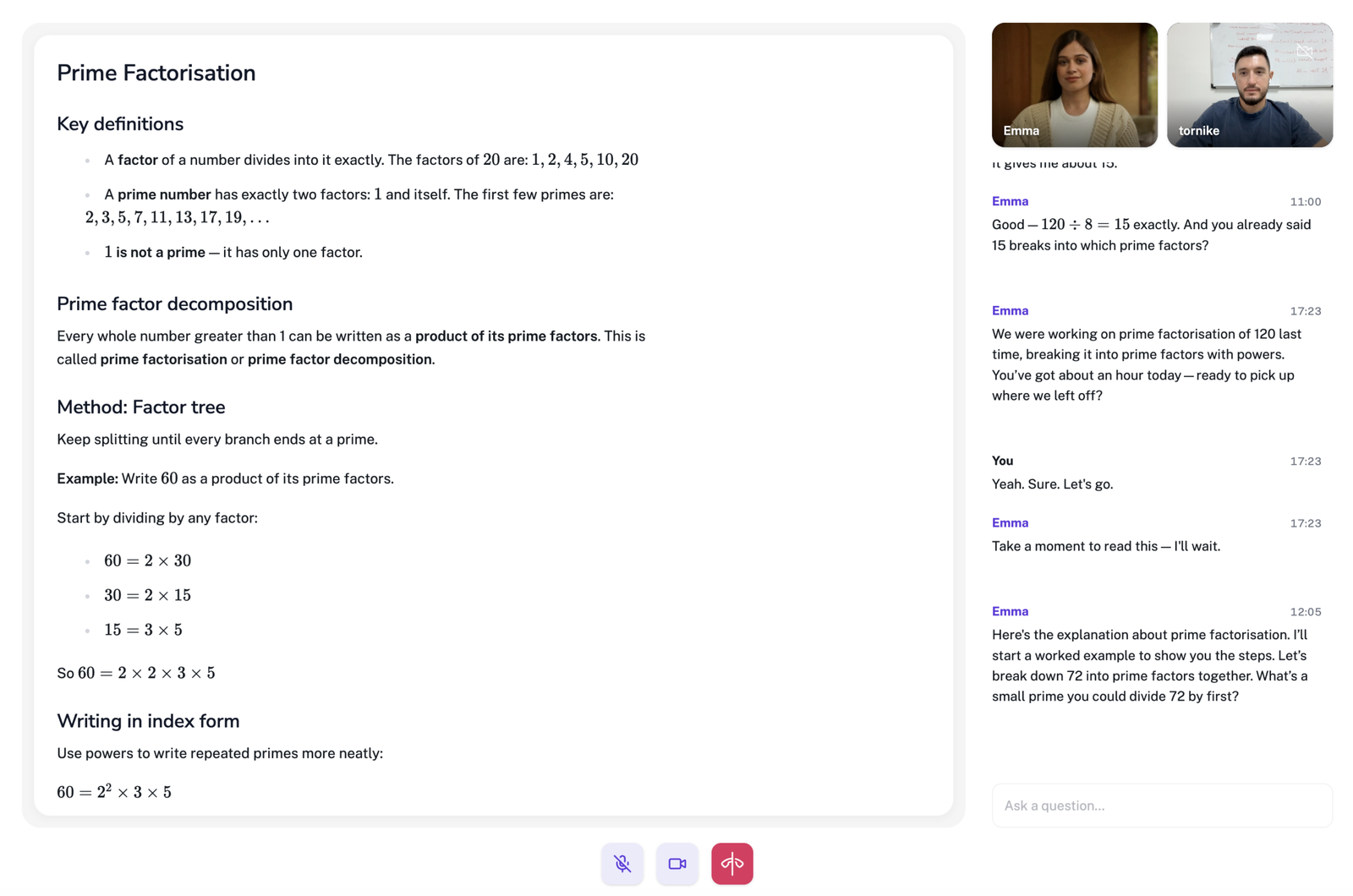 Emma, Edumentors' interactive AI tutor, teaching a maths lesson online in a live session
