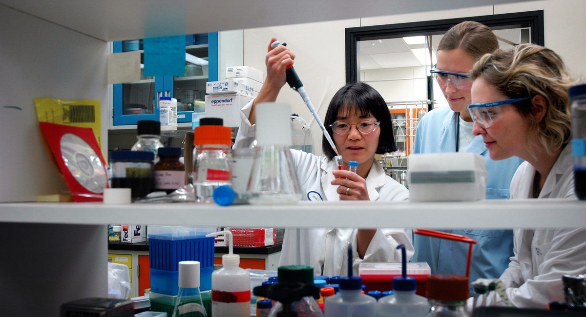 Researchers working in a biotechnology laboratory