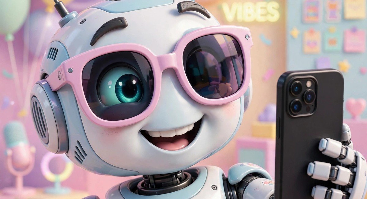 A funny AI robot avatar with sunglasses taking a selfie