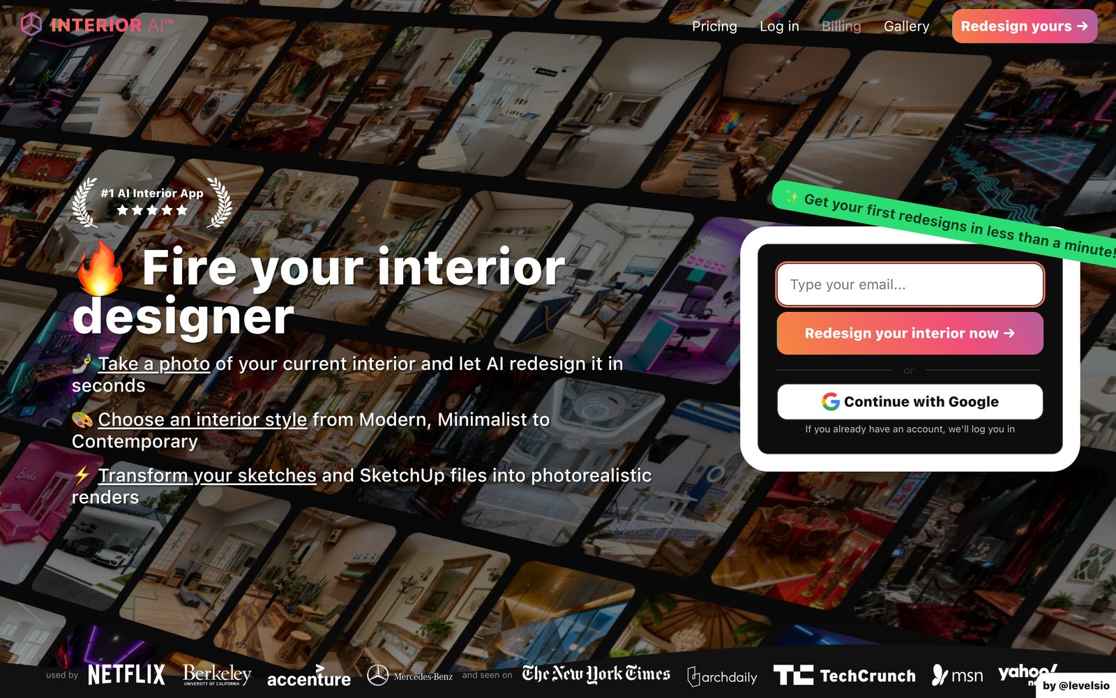 Interior AI homepage showing AI generated room redesigns