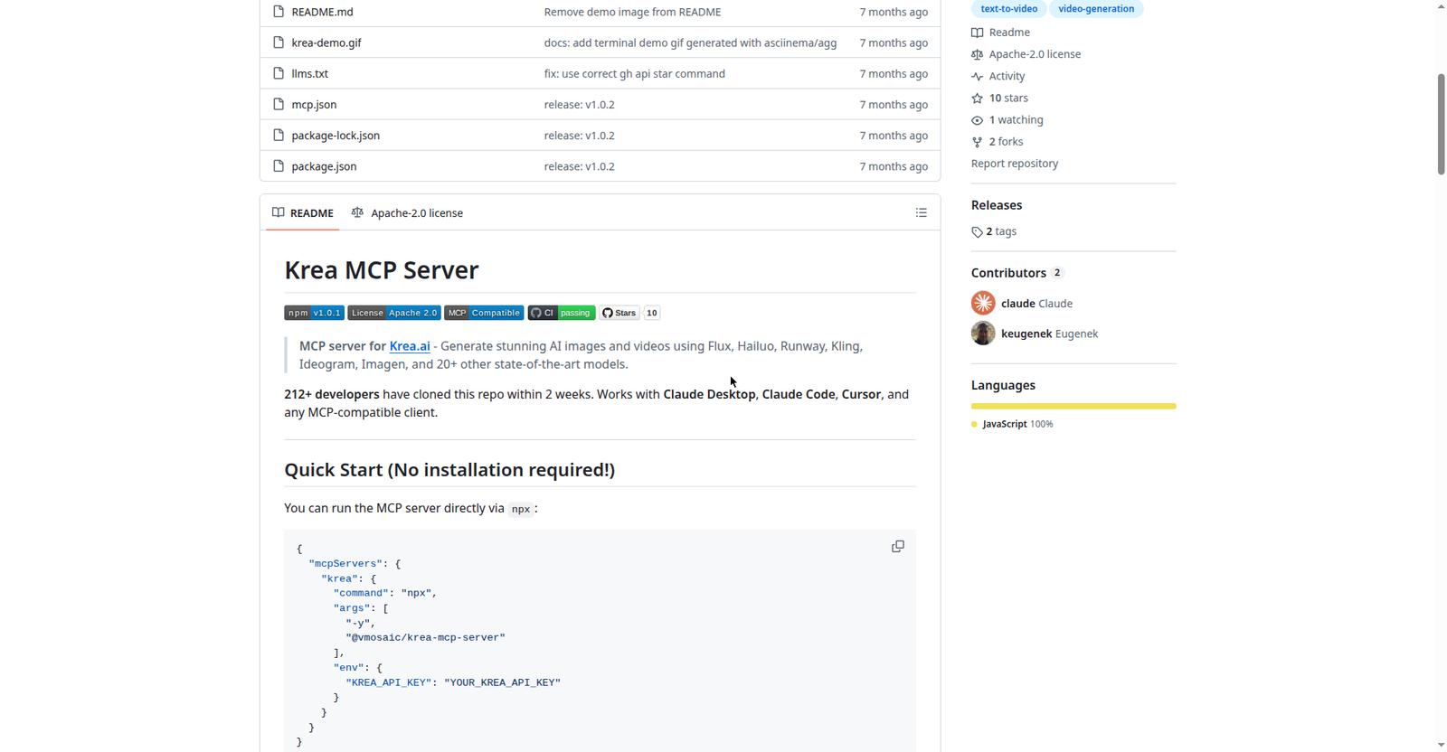 Screenshot of the Krea MCP server README on GitHub showing the Quick Start section