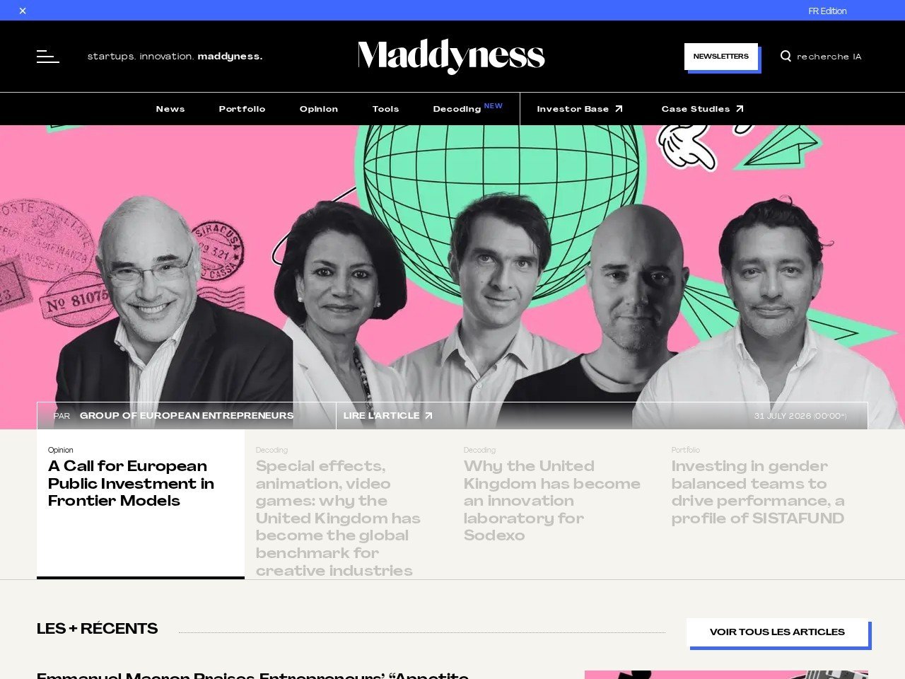 Maddyness UK homepage showing UK startup news and stories