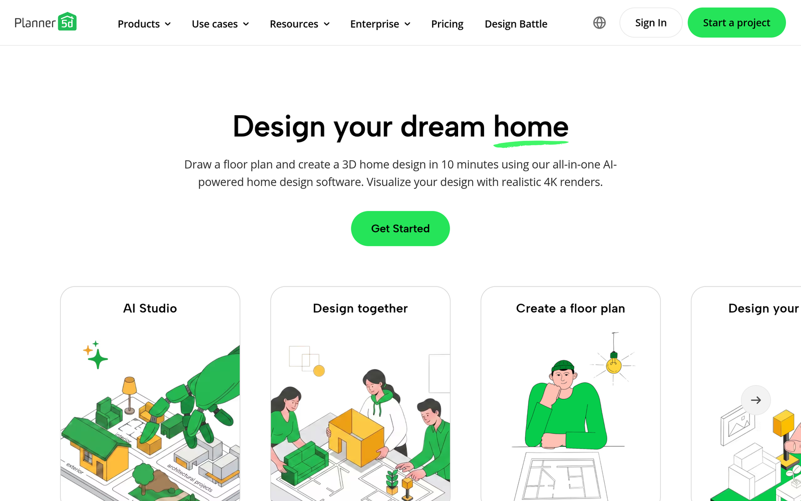 Planner 5D homepage showing its AI home design software