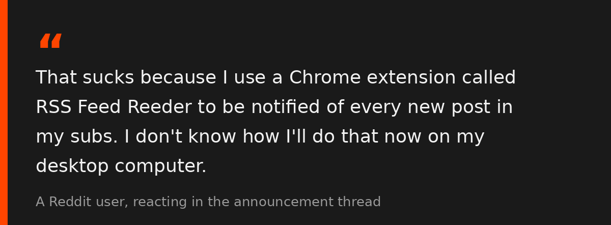 Quote card showing a Reddit user's comment about using the RSS Feed Reeder Chrome extension to follow new posts in their subreddits