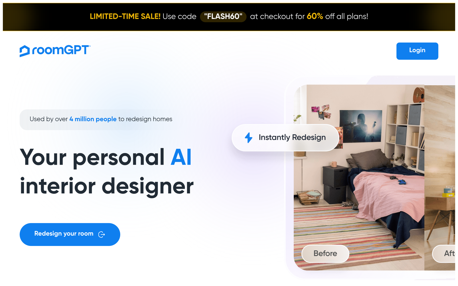 RoomGPT homepage showing its AI room redesign tool with before and after preview