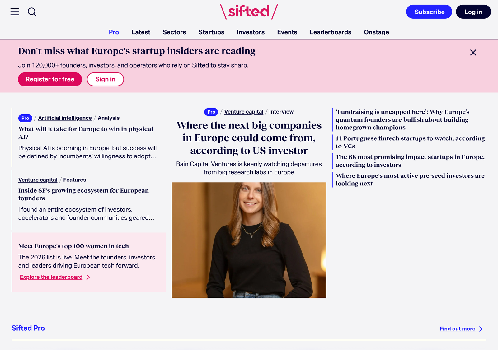Sifted homepage showing European startup news and analysis