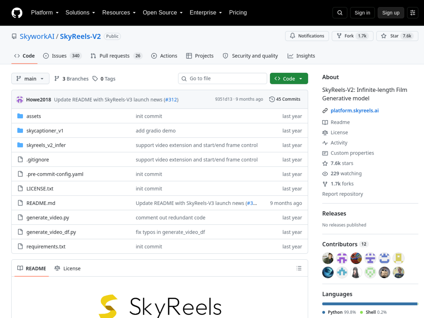 SkyReels V2 GitHub repository page