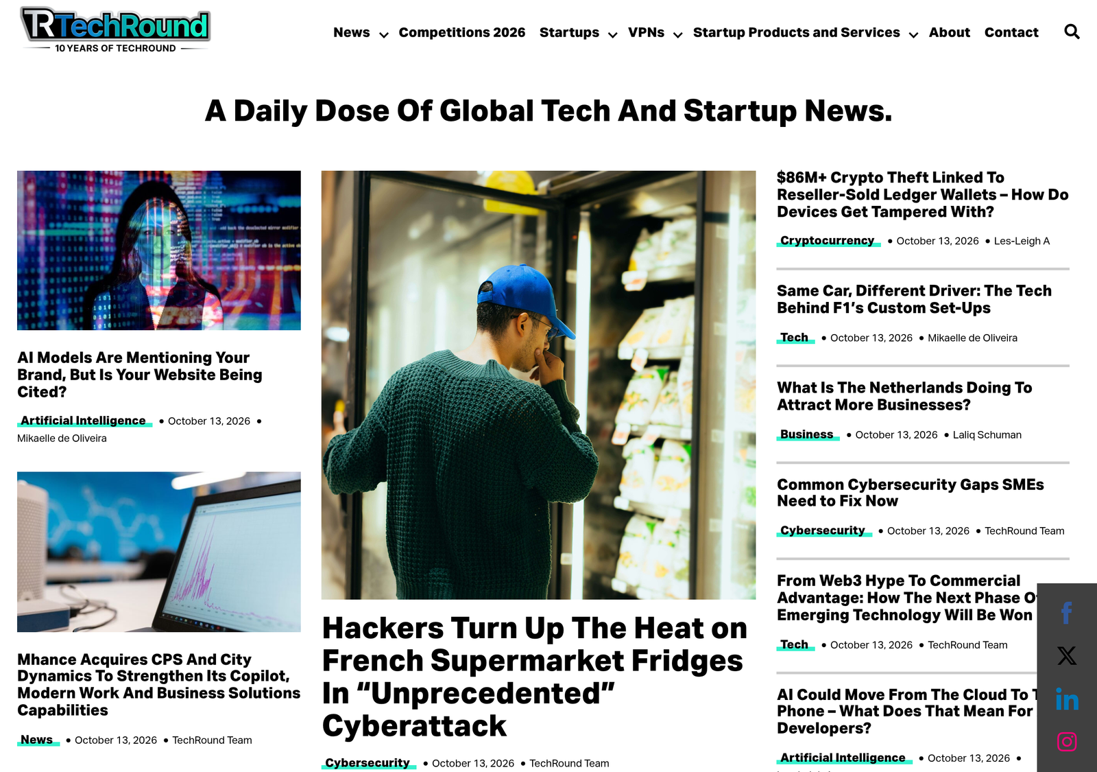 TechRound homepage showing startup and tech news