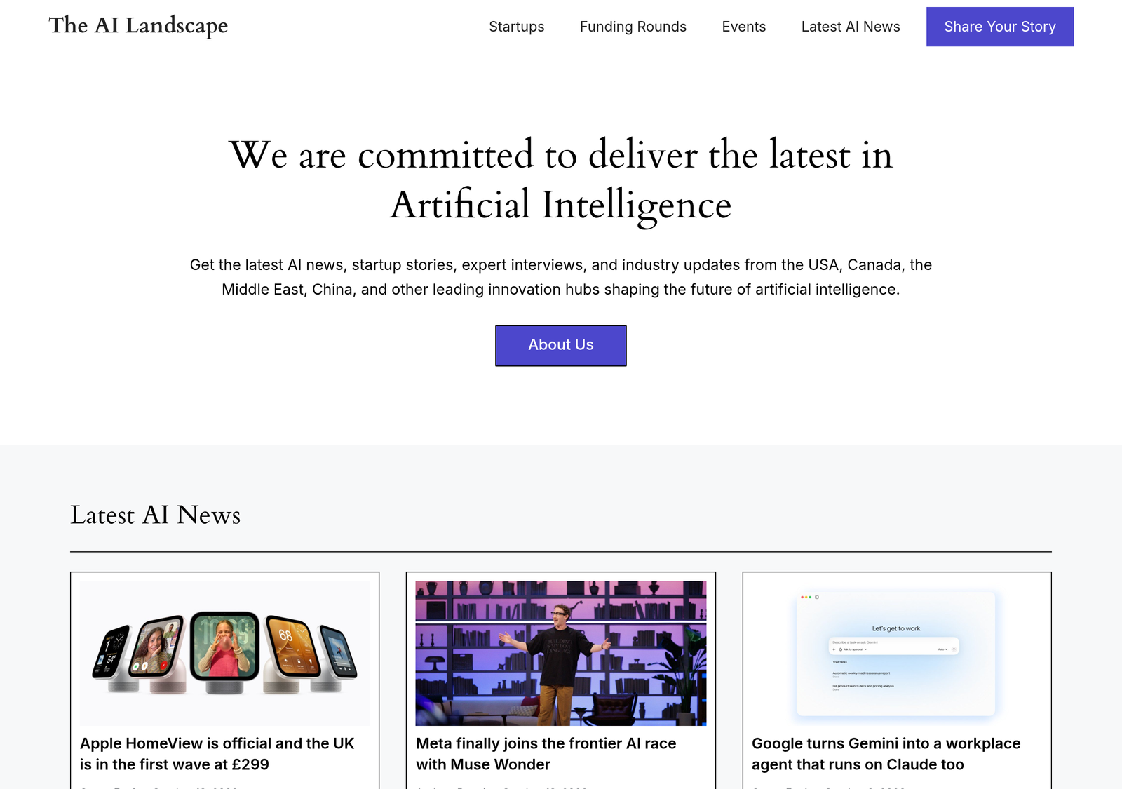 The AI Landscape homepage showing AI startup news and stories