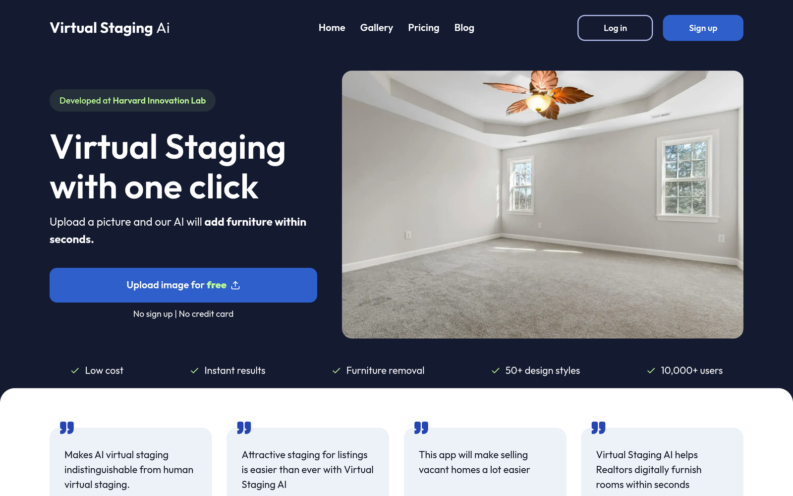 Virtual Staging AI homepage showing its one-click virtual staging tool