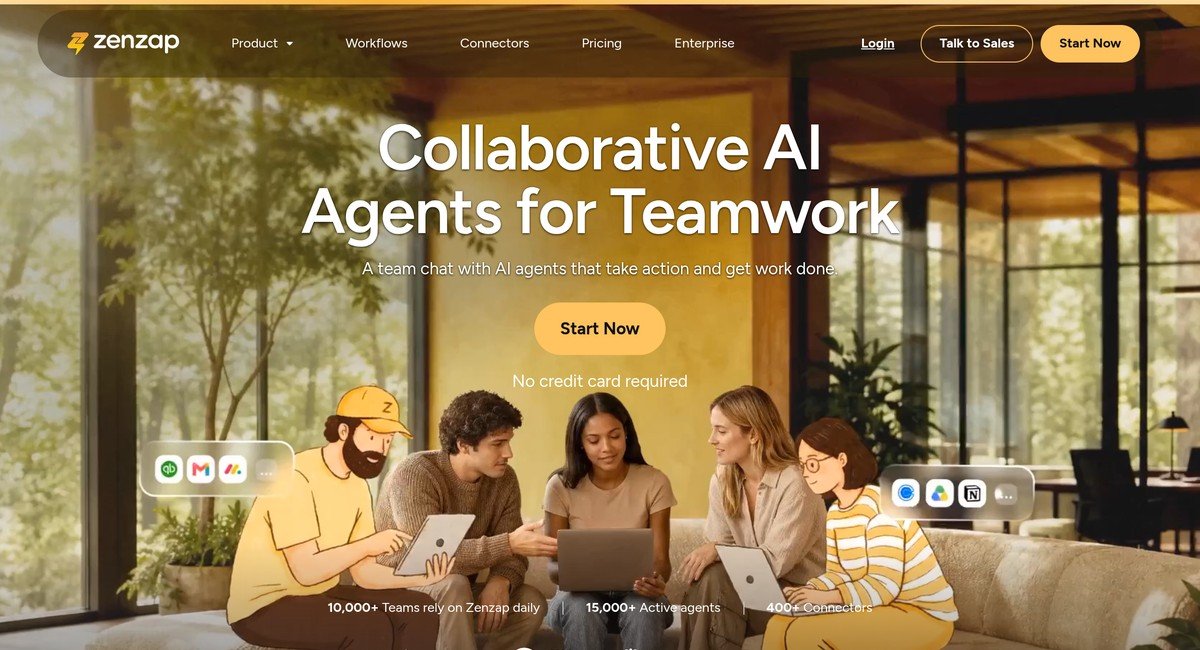 Zenzap homepage showing collaborative AI agents for teamwork